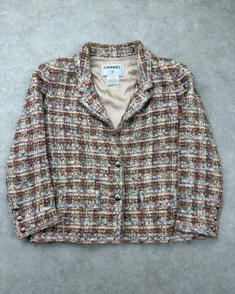 SS2005 Chanel Beige Tweed Ribbon Blazer Jacket ikhDXiz 0