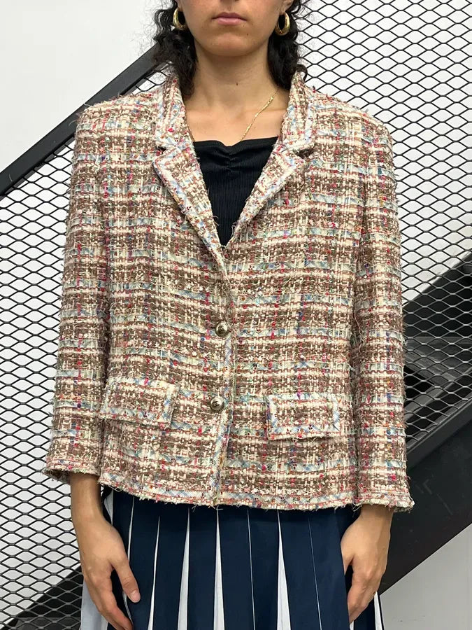 SS2005 Chanel Beige Tweed Ribbon Blazer Jacket ikhDXiz 1