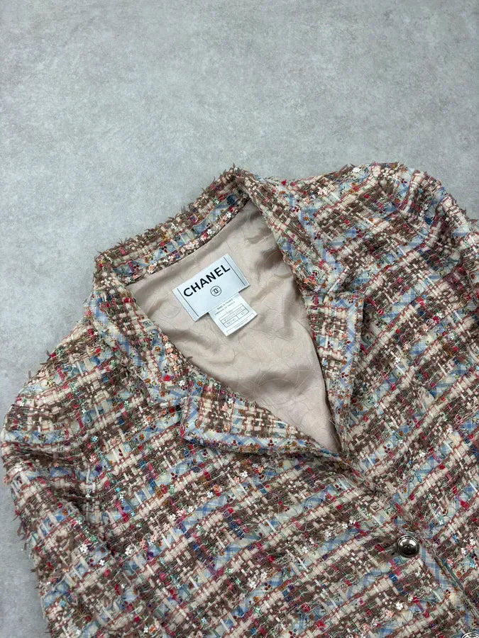 SS2005 Chanel Beige Tweed Ribbon Blazer Jacket ikhDXiz 4
