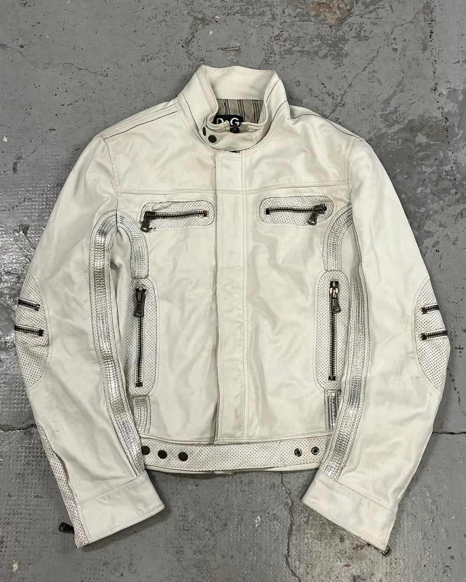 SS2005 Dolce & Gabbana Apocalyptic Biker White Leather Jacket KLrBQTJ 0