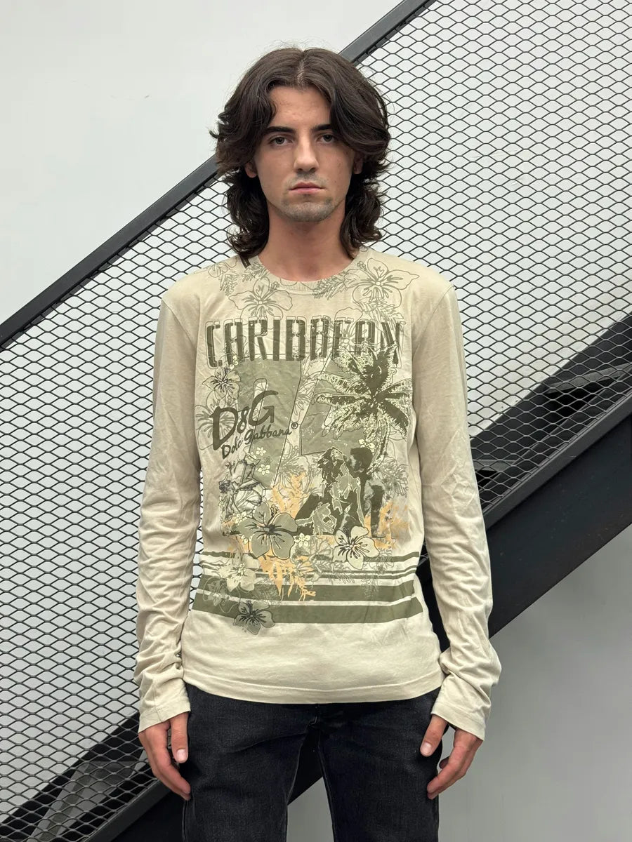 SS2005 Dolce & Gabbana Beige Cotton Caribbean Floral Longsleeve qUfQpKK 0