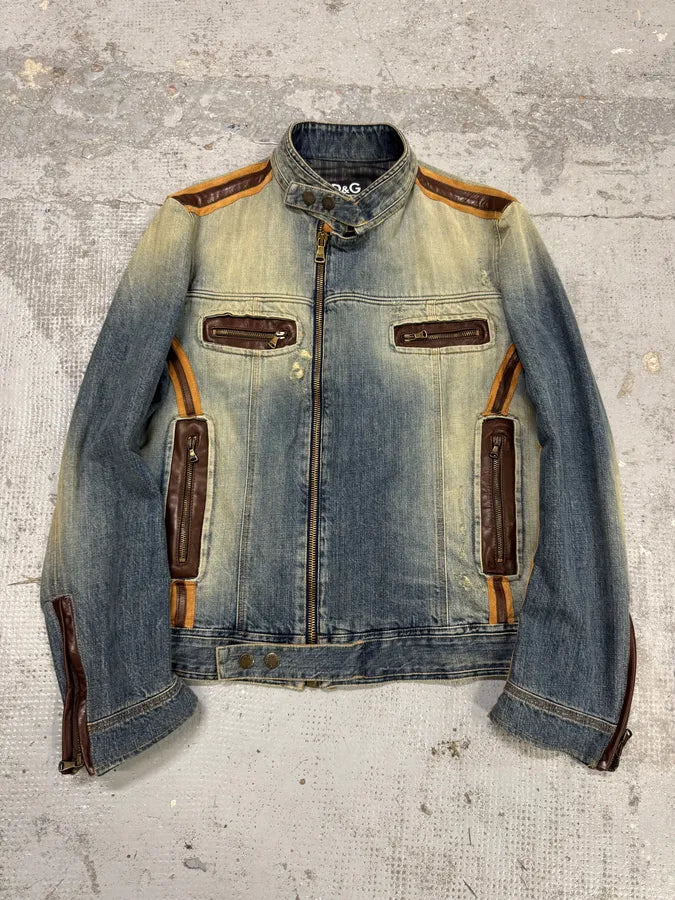 SS2005 Dolce & Gabbana Blue Denim & Brown Leather Biker Jacket LqBtSki 0