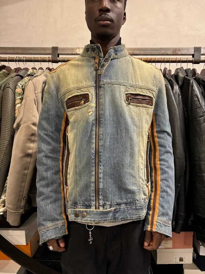 SS2005 Dolce & Gabbana Blue Denim & Brown Leather Biker Jacket LqBtSki 1