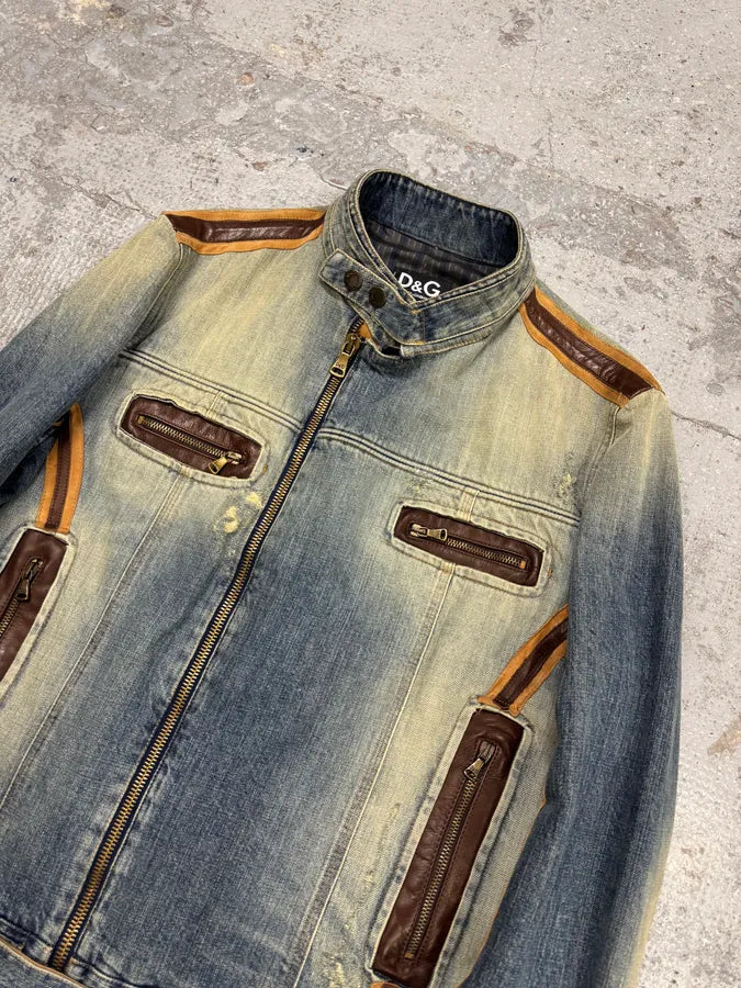 SS2005 Dolce & Gabbana Blue Denim & Brown Leather Biker Jacket LqBtSki 2