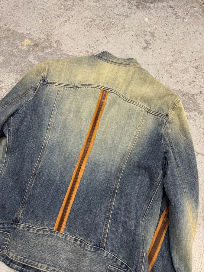 SS2005 Dolce & Gabbana Blue Denim & Brown Leather Biker Jacket LqBtSki 4