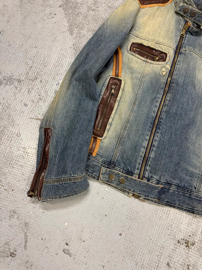 SS2005 Dolce & Gabbana Blue Denim & Brown Leather Biker Jacket LqBtSki 5