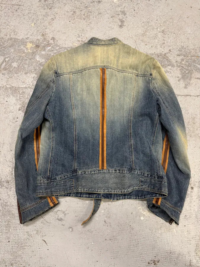 SS2005 Dolce & Gabbana Blue Denim & Brown Leather Biker Jacket LqBtSki 6
