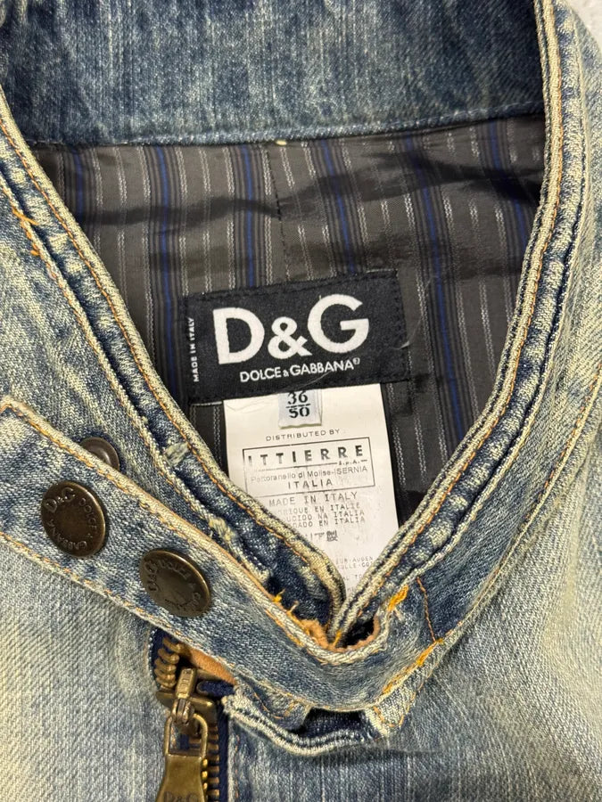 SS2005 Dolce & Gabbana Blue Denim & Brown Leather Biker Jacket LqBtSki 7