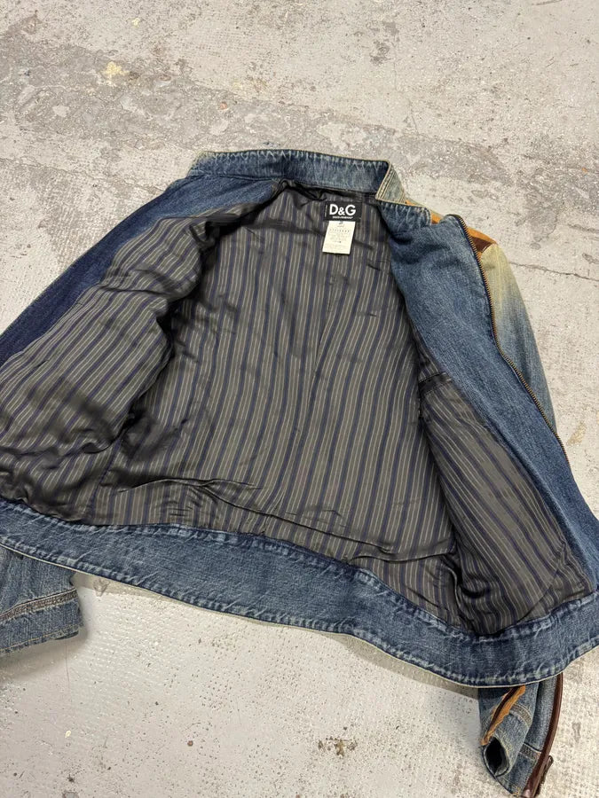 SS2005 Dolce & Gabbana Blue Denim & Brown Leather Biker Jacket LqBtSki 9