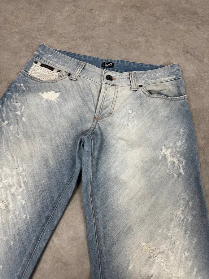 SS2005 Dolce & Gabbana Blue Denim White Snakeskin Rebel Jeans MGVXrck 5
