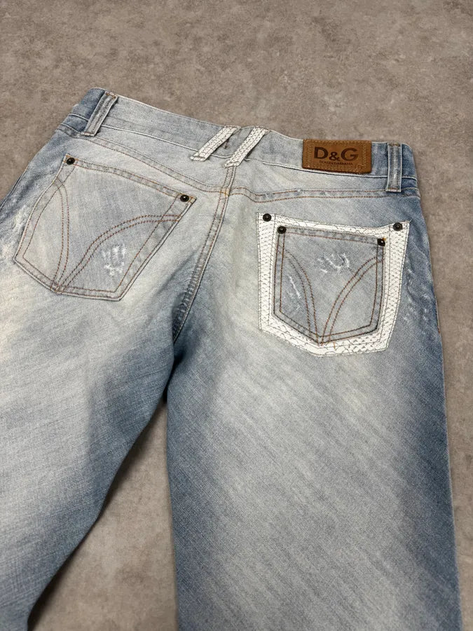 SS2005 Dolce & Gabbana Blue Denim White Snakeskin Rebel Jeans MGVXrck 6