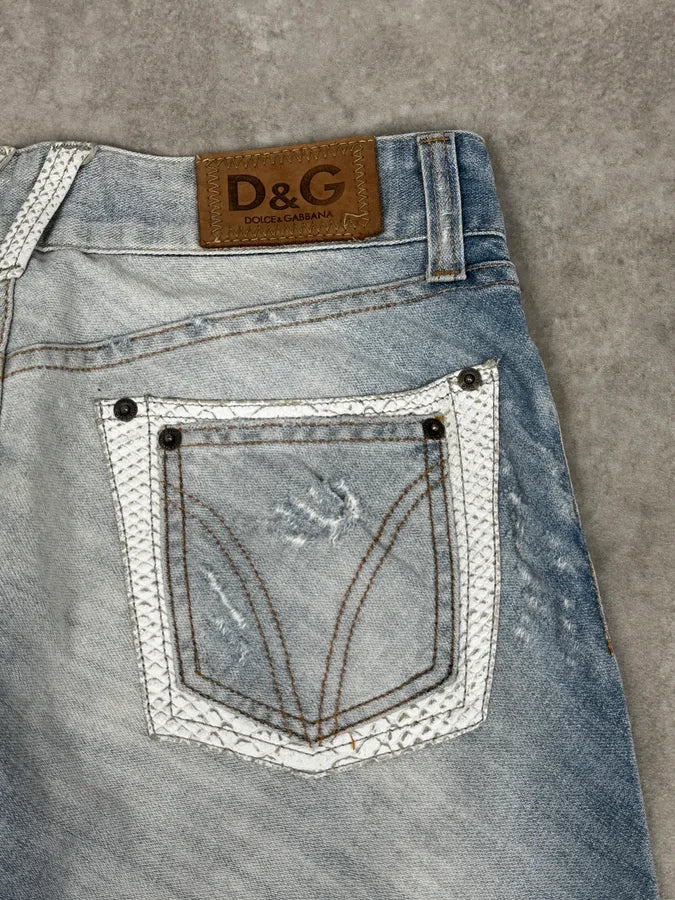 SS2005 Dolce & Gabbana Blue Denim White Snakeskin Rebel Jeans MGVXrck 10