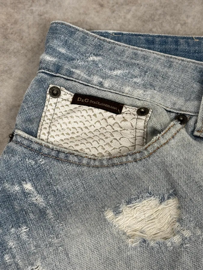 SS2005 Dolce & Gabbana Blue Denim White Snakeskin Rebel Jeans MGVXrck 7