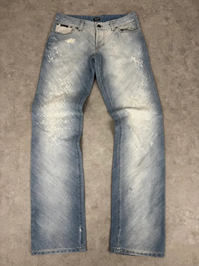 SS2005 Dolce & Gabbana Blue Denim White Snakeskin Rebel Jeans MGVXrck 3