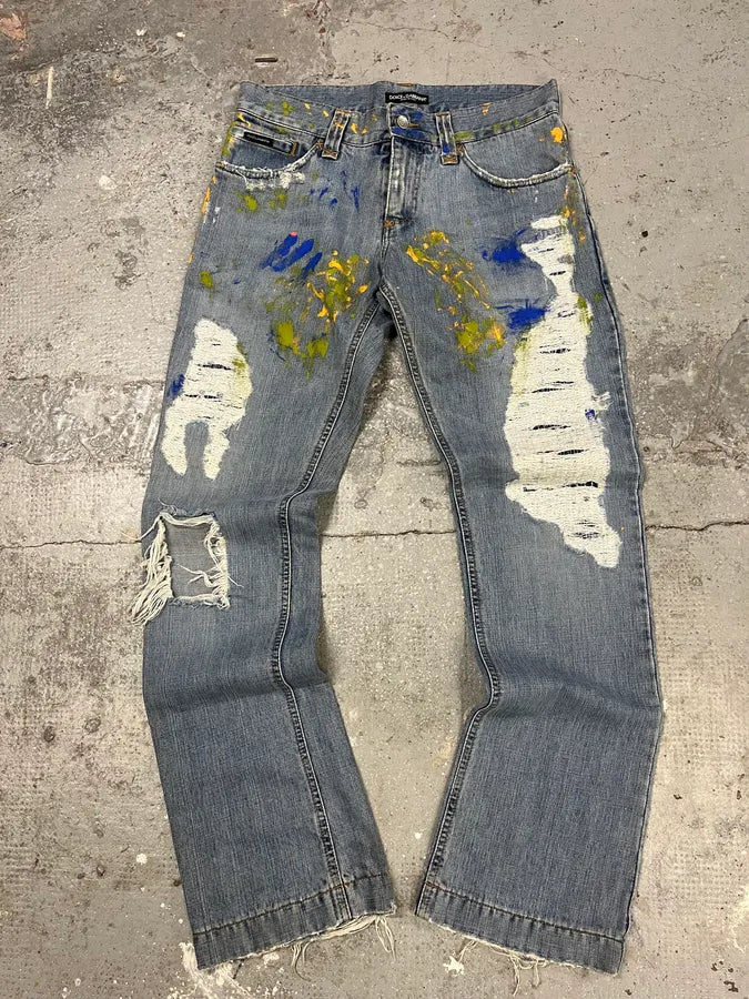 SS2005 Dolce & Gabbana Blue Distressed Painted Rebel Denim Jeans gmqyVOP 0