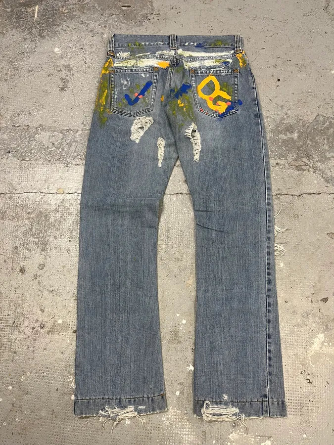 SS2005 Dolce & Gabbana Blue Distressed Painted Rebel Denim Jeans gmqyVOP 1