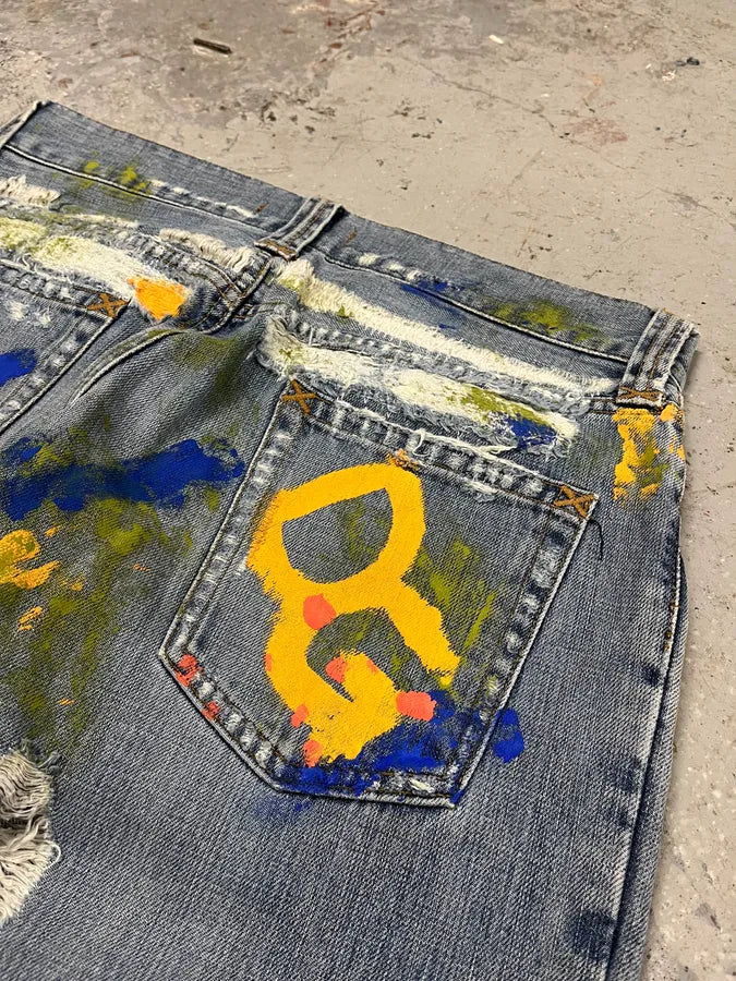 SS2005 Dolce & Gabbana Blue Distressed Painted Rebel Denim Jeans gmqyVOP 10