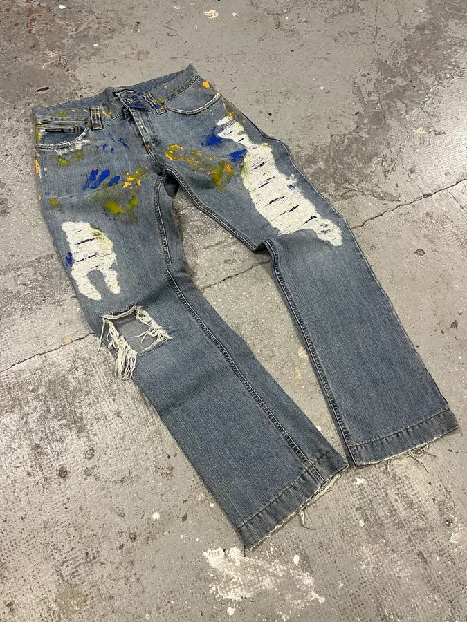 SS2005 Dolce & Gabbana Blue Distressed Painted Rebel Denim Jeans gmqyVOP 2