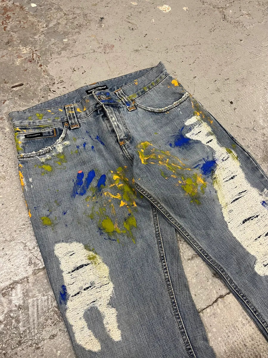 SS2005 Dolce & Gabbana Blue Distressed Painted Rebel Denim Jeans gmqyVOP 3