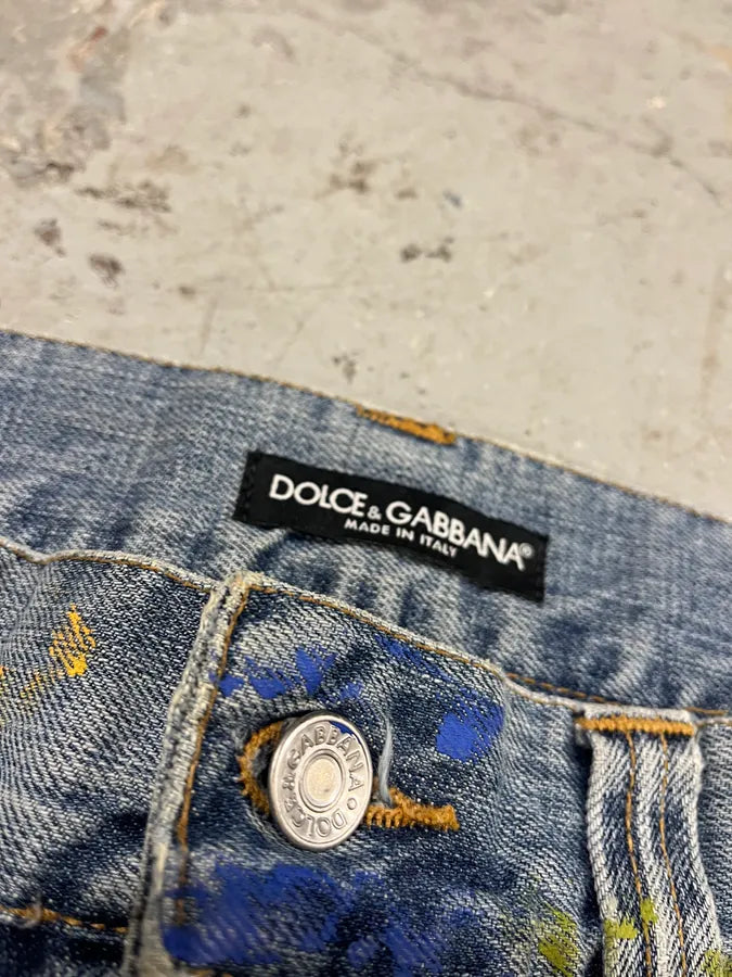 SS2005 Dolce & Gabbana Blue Distressed Painted Rebel Denim Jeans gmqyVOP 4