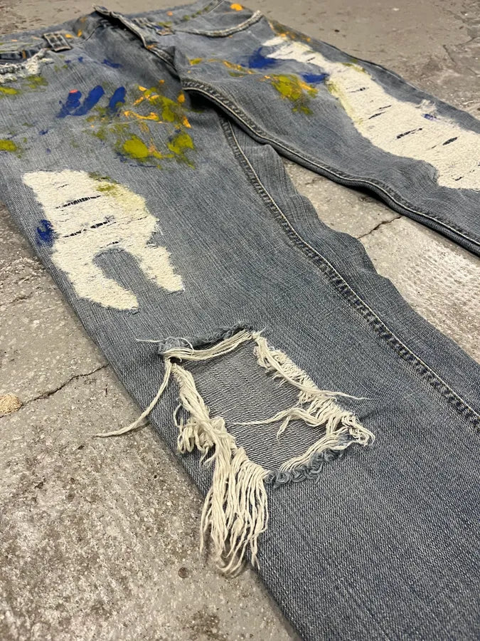 SS2005 Dolce & Gabbana Blue Distressed Painted Rebel Denim Jeans gmqyVOP 6