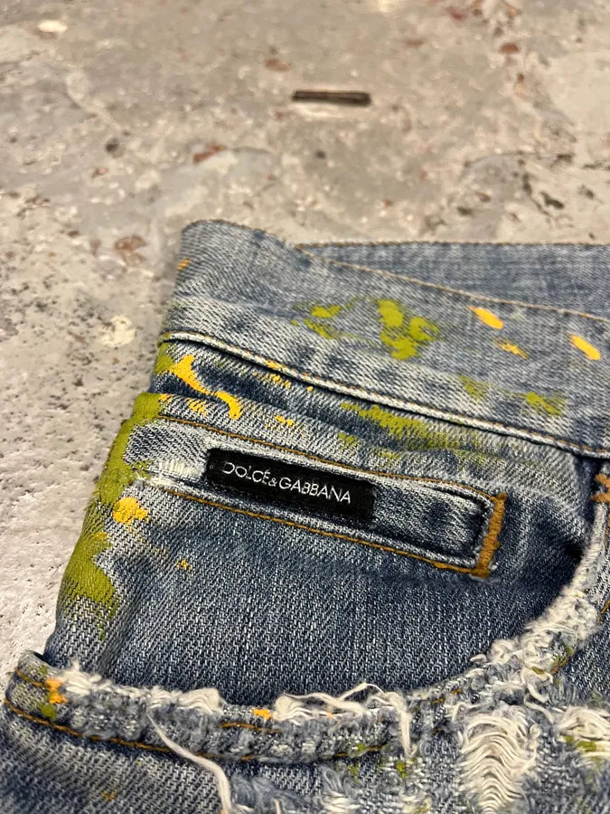 SS2005 Dolce & Gabbana Blue Distressed Painted Rebel Denim Jeans gmqyVOP 7