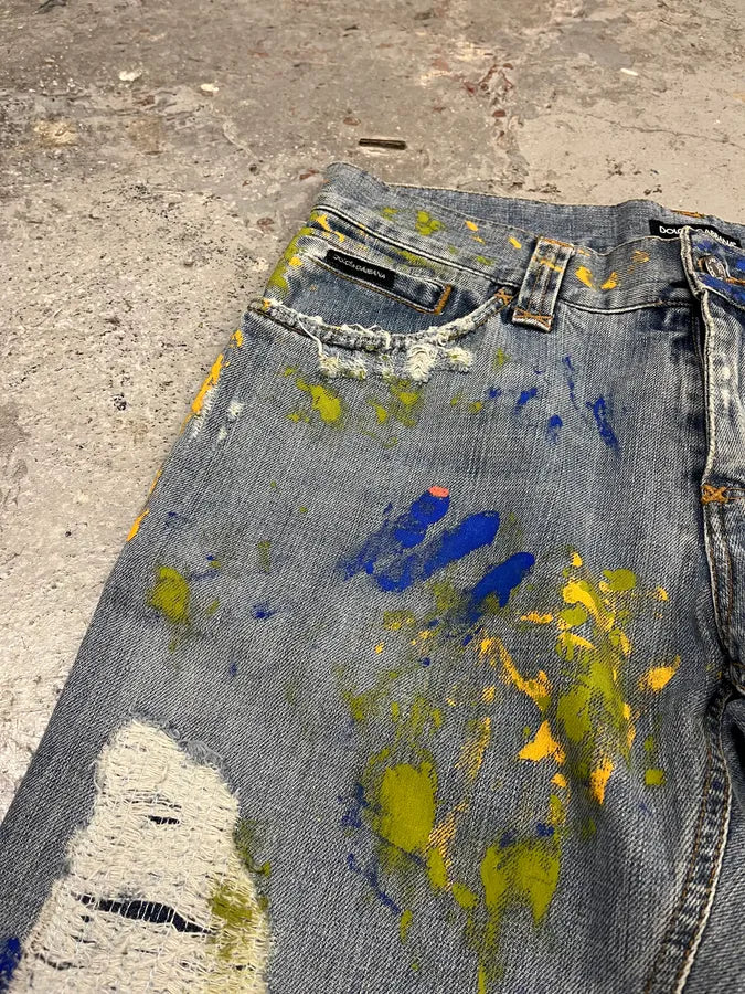 SS2005 Dolce & Gabbana Blue Distressed Painted Rebel Denim Jeans gmqyVOP 8