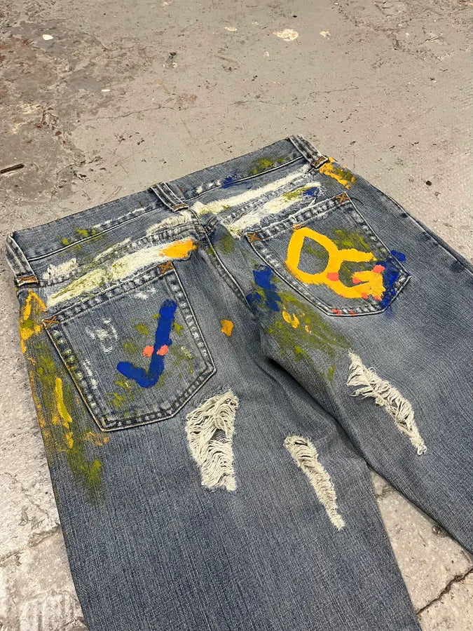 SS2005 Dolce & Gabbana Blue Distressed Painted Rebel Denim Jeans gmqyVOP 9