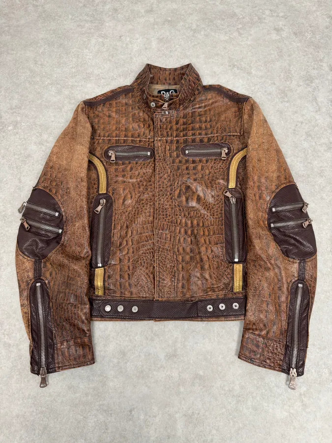 SS2005 Dolce & Gabbana Brown Crocodile Effect Leather Biker Jacket swVrinU 0