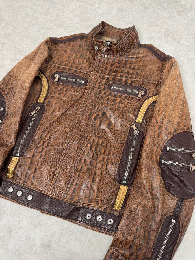 SS2005 Dolce & Gabbana Brown Crocodile Effect Leather Biker Jacket swVrinU 2