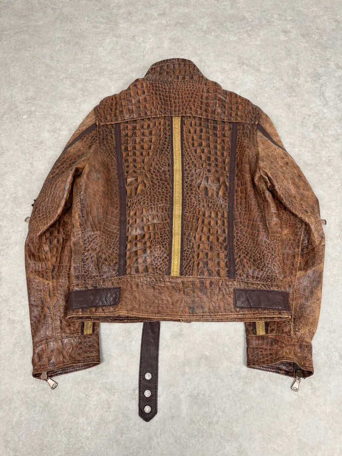 SS2005 Dolce & Gabbana Brown Crocodile Effect Leather Biker Jacket swVrinU 3