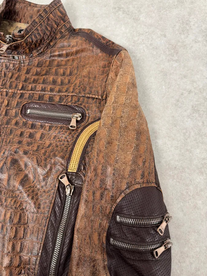 SS2005 Dolce & Gabbana Brown Crocodile Effect Leather Biker Jacket swVrinU 4