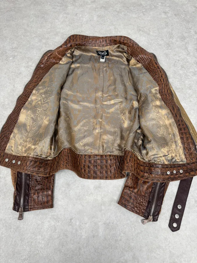 SS2005 Dolce & Gabbana Brown Crocodile Effect Leather Biker Jacket swVrinU 5