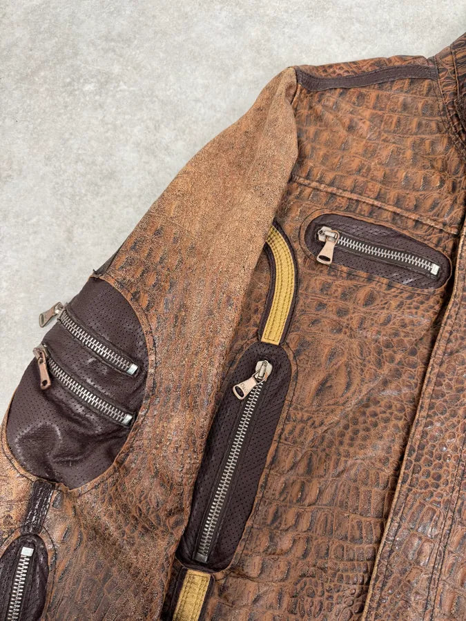 SS2005 Dolce & Gabbana Brown Crocodile Effect Leather Biker Jacket swVrinU 6