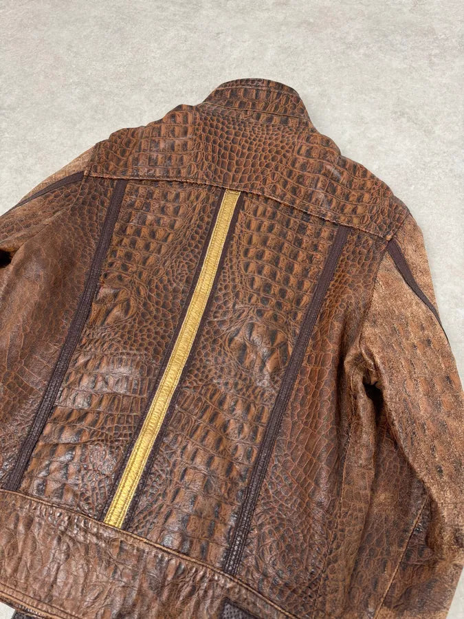 SS2005 Dolce & Gabbana Brown Crocodile Effect Leather Biker Jacket swVrinU 7
