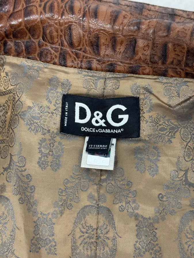 SS2005 Dolce & Gabbana Brown Crocodile Effect Leather Biker Jacket swVrinU 8