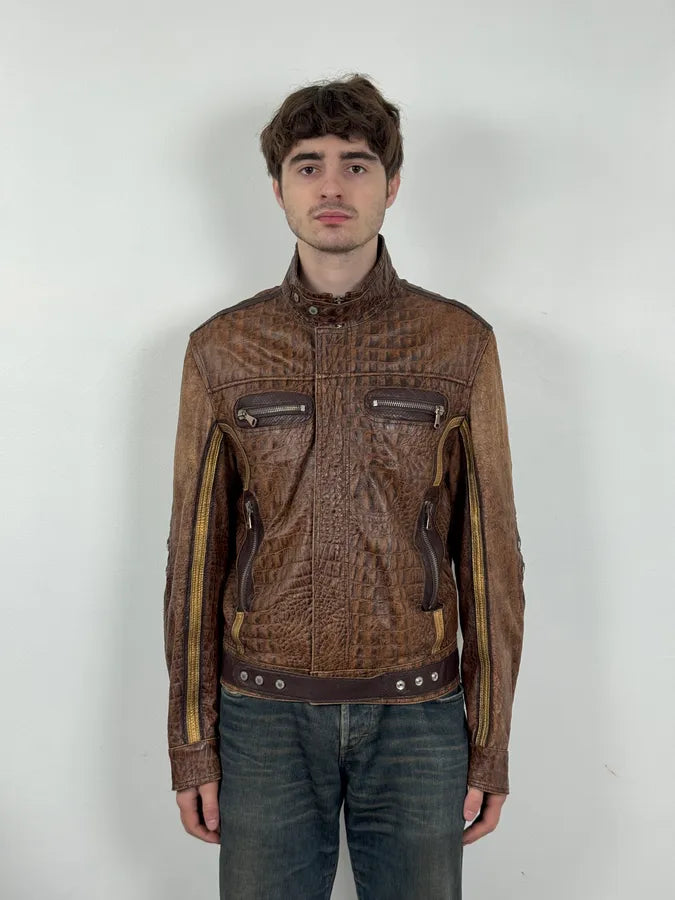 SS2005 Dolce & Gabbana Brown Crocodile Effect Leather Biker Jacket swVrinU 9