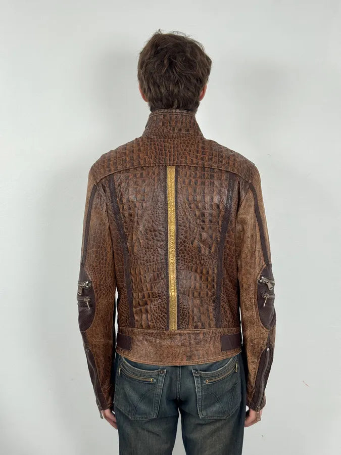 SS2005 Dolce & Gabbana Brown Crocodile Effect Leather Biker Jacket swVrinU 10