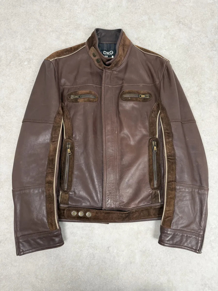 SS2005 Dolce & Gabbana Brown Hybrid Leather Biker Jacket WSaGsNs 0