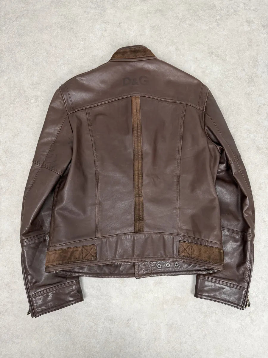 SS2005 Dolce & Gabbana Brown Hybrid Leather Biker Jacket WSaGsNs 1