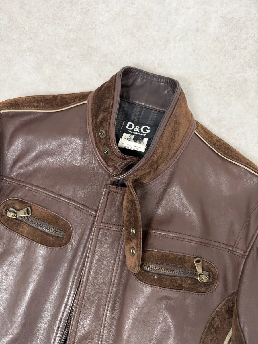 SS2005 Dolce & Gabbana Brown Hybrid Leather Biker Jacket WSaGsNs 10