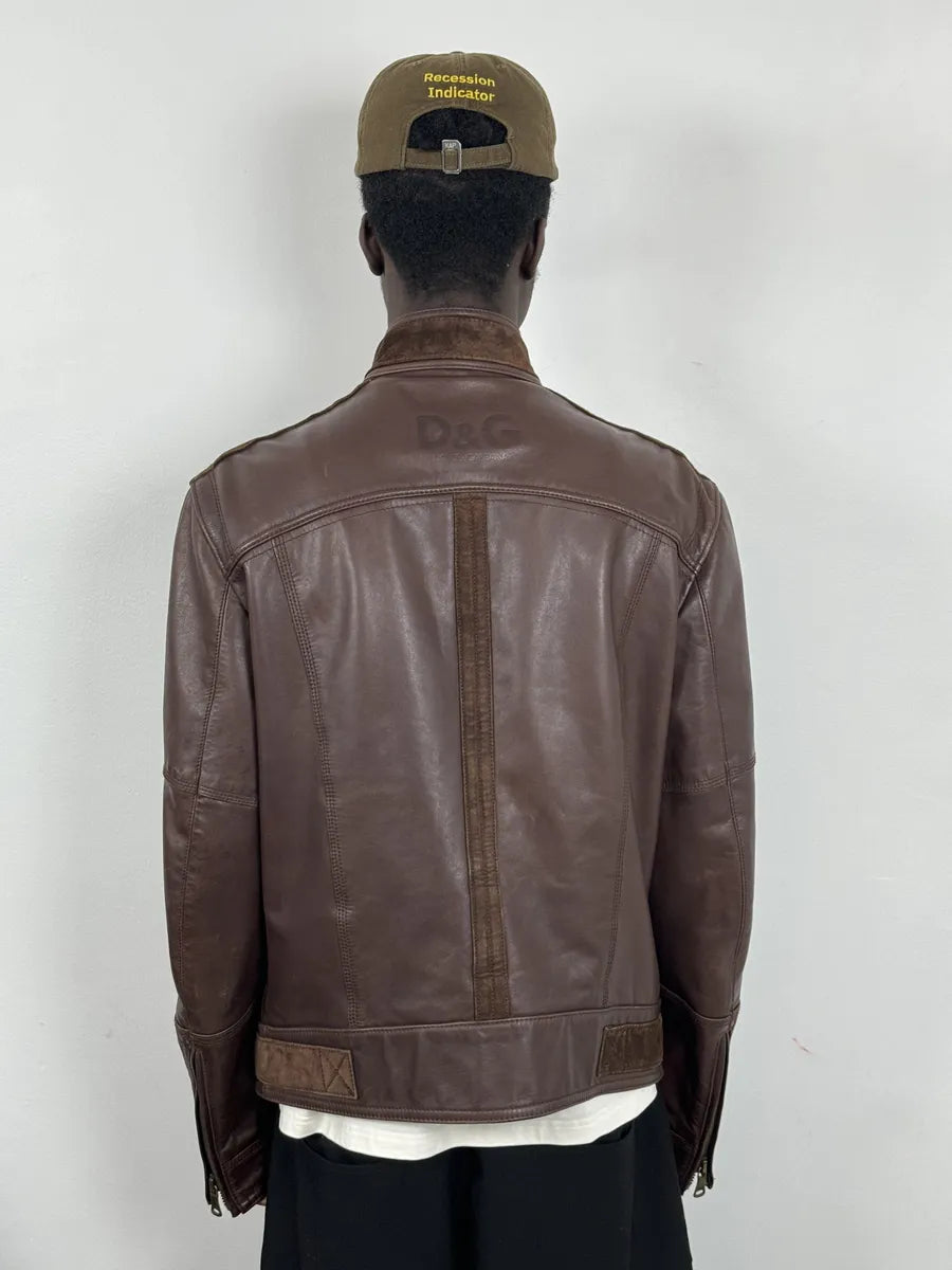 SS2005 Dolce & Gabbana Brown Hybrid Leather Biker Jacket WSaGsNs 3
