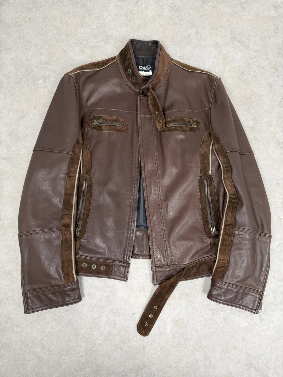 SS2005 Dolce & Gabbana Brown Hybrid Leather Biker Jacket WSaGsNs 4