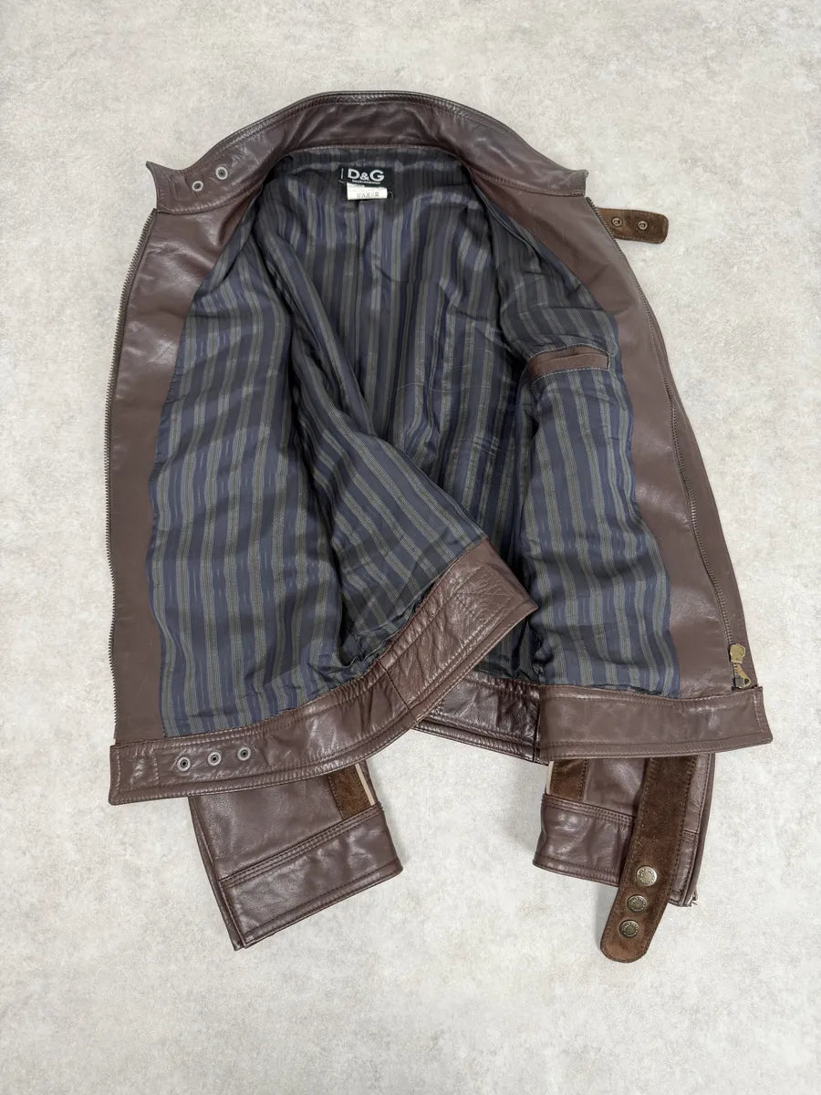 SS2005 Dolce & Gabbana Brown Hybrid Leather Biker Jacket WSaGsNs 8