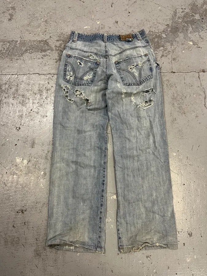 SS2005 Dolce & Gabbana Destroyed Blue Denim Jeans ctWgJiO 7