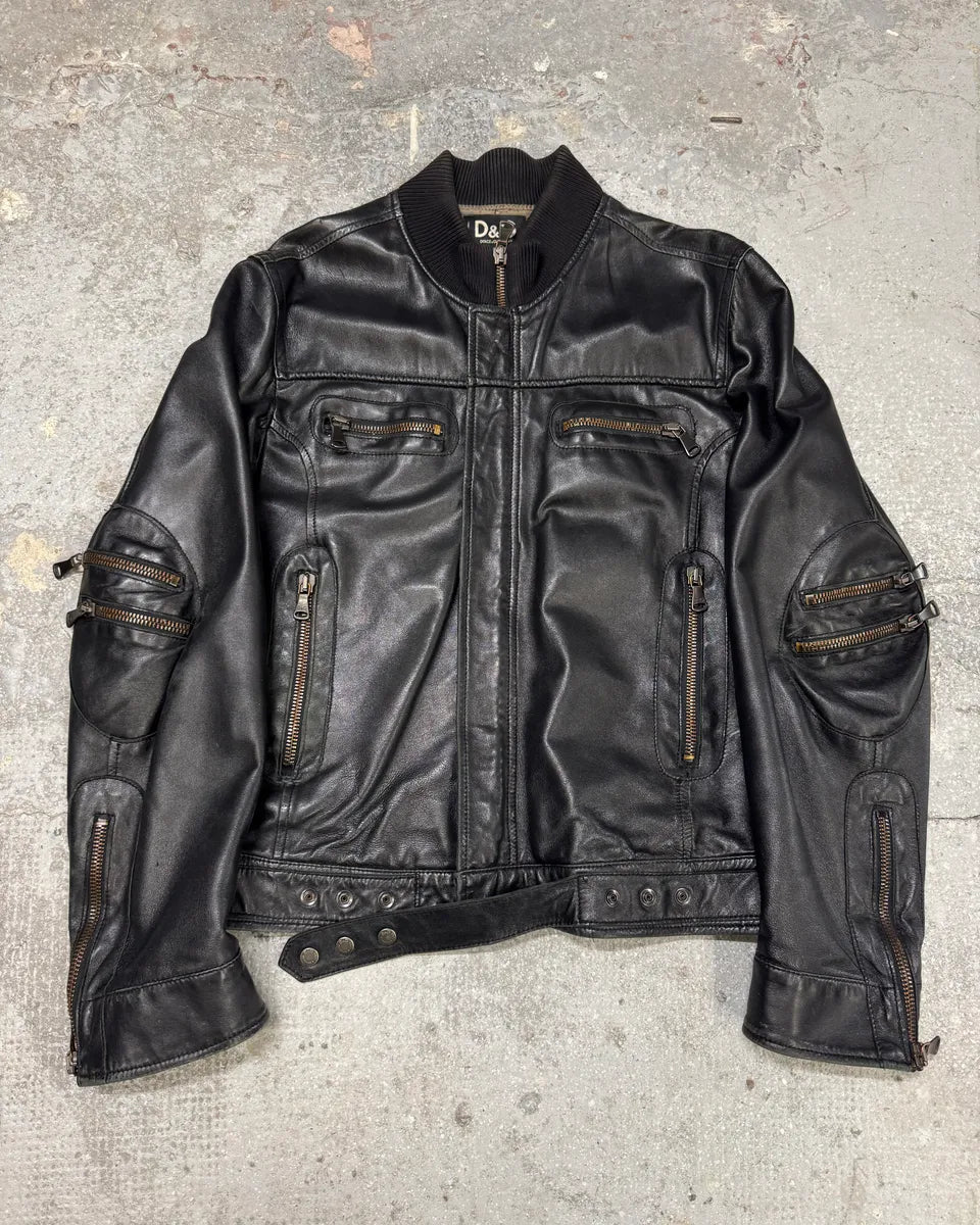 SS2005 Dolce & Gabbana Multi Zips Black Utility Leather Jacket (L) 0