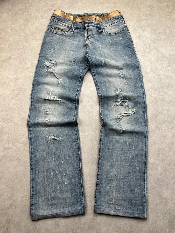 SS2005 Dolce & Gabbana Snake Waist Distressed Blue Denim Jeans vWvQTmF 0