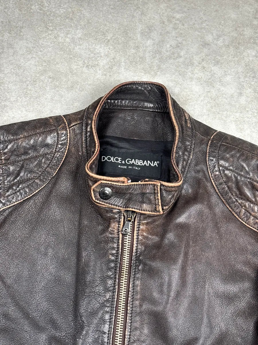 SS2005 Dolce & Gabbana Dark Brown Leather Distressed Biker Leather Jacket dZQVibFW 10