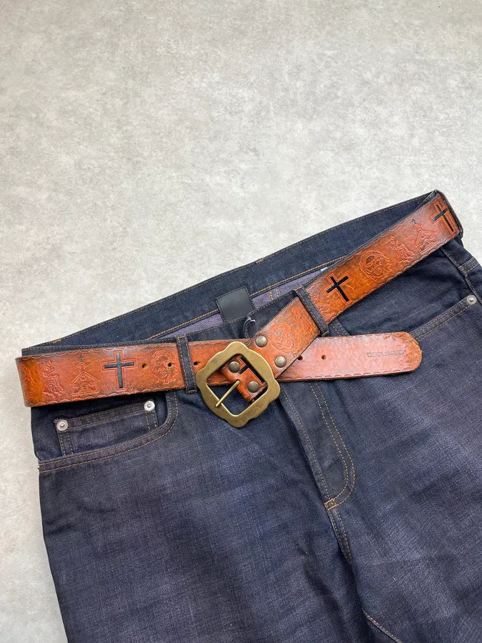 SS2005 Dsquared2 Jesus Is Life Brown Leather Belt rxHPLrS 2