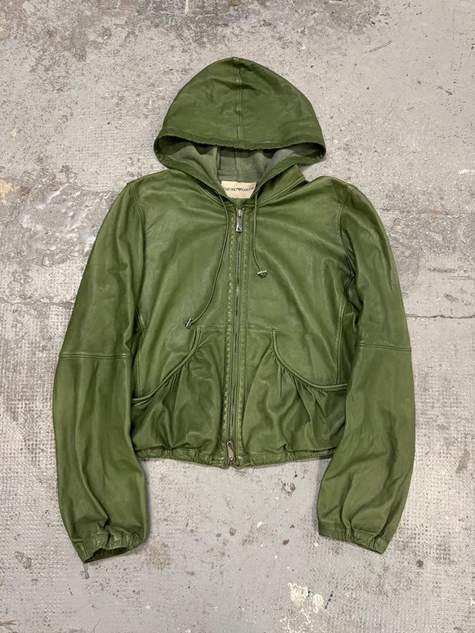 SS2005 Emporio Armani Green Leather Hooded Jacket OZPesen 0